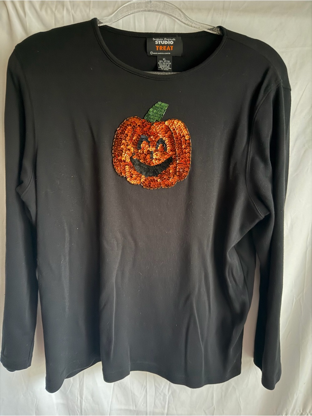 Vtg 90s Streetwear Womens  XL  Halloween Sequin Pumpkin Long Sleeve T-Shirt